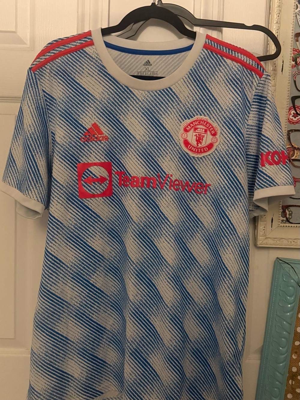 adidas Manchester United Away Jersey - Blue & White with pink/orange Accents